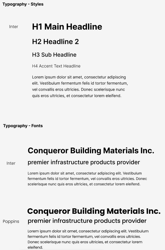 Typography styles selected for a professional manufacturing and distribution company website.